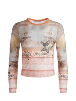 Delaina Printed Mesh Long Sleeve Crop Top