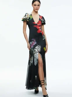 Fara Deep V-Neck Flutter Sleeve Maxi Dress