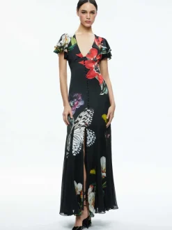 Fara Deep V-Neck Flutter Sleeve Maxi Dress