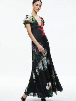 Fara Deep V-Neck Flutter Sleeve Maxi Dress