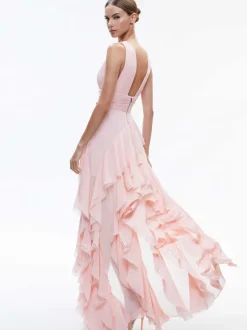 Holly Low Neck Asymmetric Ruffled Maxi Dress