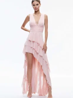 Holly Low Neck Asymmetric Ruffled Maxi Dress
