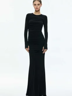 Katherina Crew Neck Long Sleeve Ruched Maxi Dress