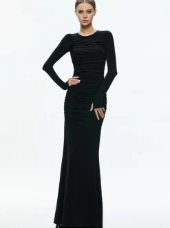 Katherina Crew Neck Long Sleeve Ruched Maxi Dress