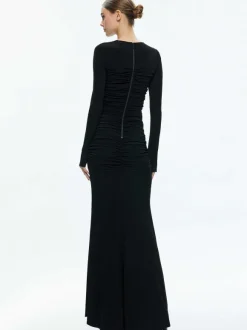 Katherina Crew Neck Long Sleeve Ruched Maxi Dress