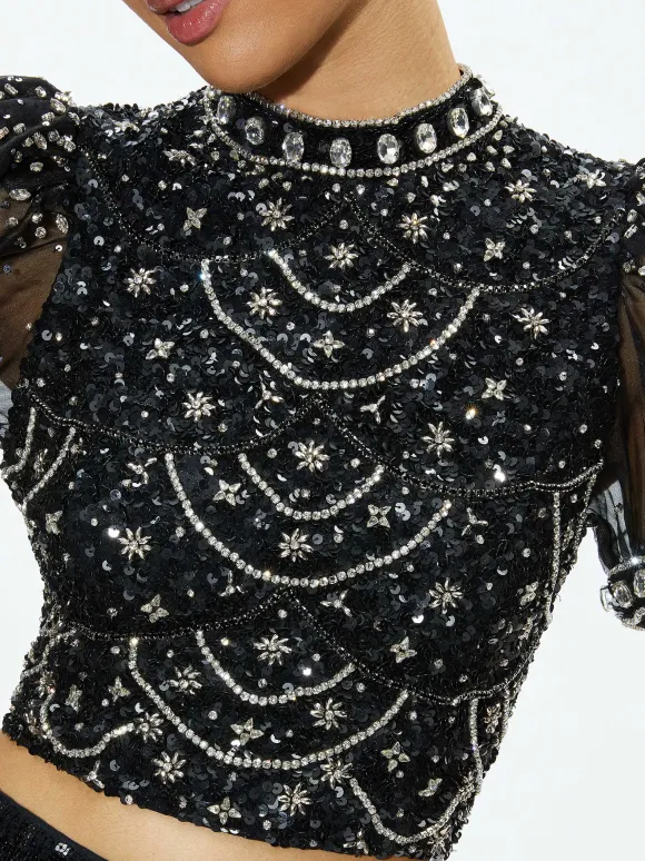 Kristina Embellished Puff Sleeve Crop Top