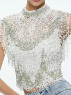 Pria Embellished Mock Neck Fringe Top