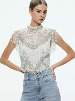 Pria Embellished Mock Neck Fringe Top
