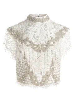 Pria Embellished Mock Neck Fringe Top